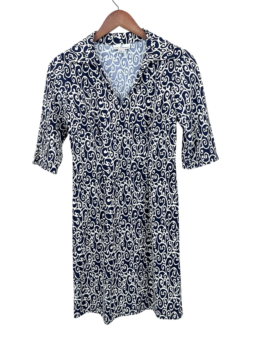 JUDE CONNALLY Dress Geometric Print Shift Nylon Stretch Blue